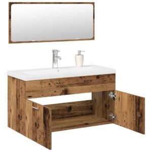 Ensemble meuble salle de bain – Vieux bois et céramique blanche, 3 Pièces
