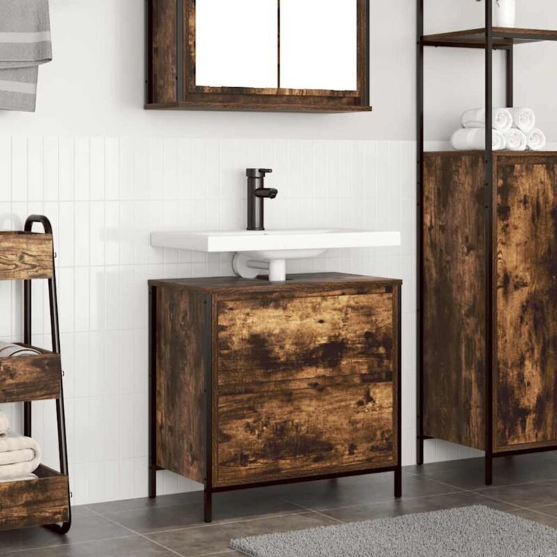 Meuble salle de bain une vasque 60 cm – Chêne fumé, lavabo et tiroirs