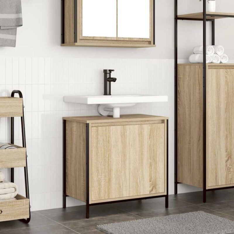 Meuble salle de bain une vasque 60 cm – Chêne sonoma, lavabo et tiroirs