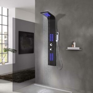 Panneau de douche – Noir Aluminium, Pluie Jets Massage, 130 cm