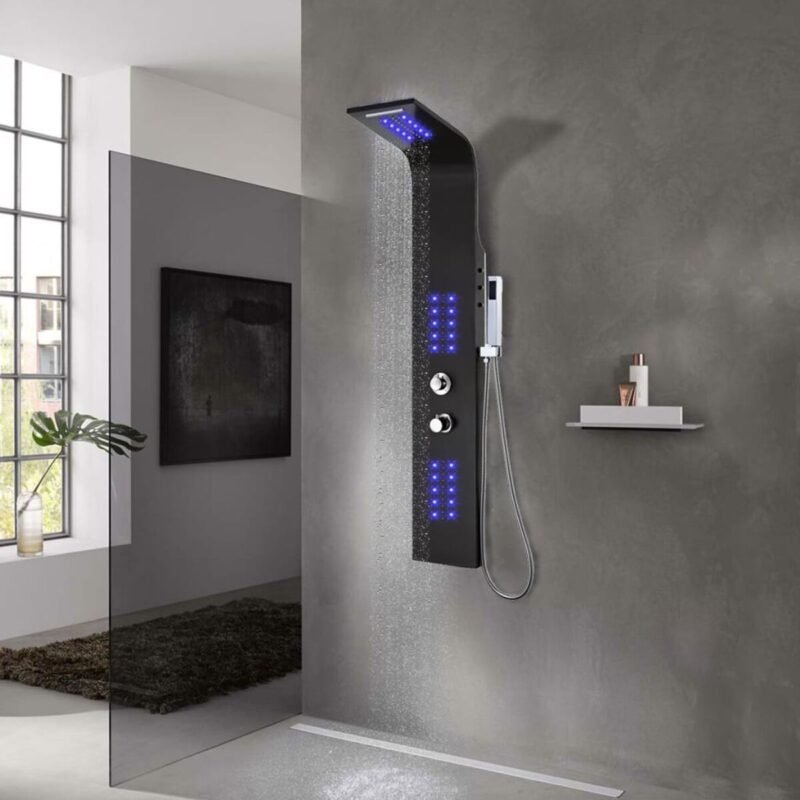 Panneau de douche – Noir Aluminium, Pluie Jets Massage, 130 cm